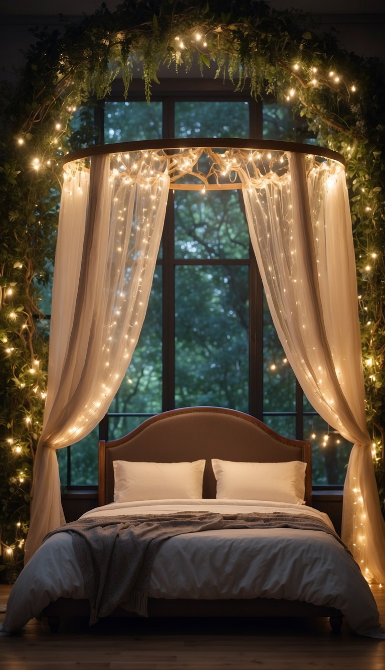 A grand canopy bed adorned with twinkling fairy lights, surrounded by lush greenery and magical creatures in a luxurious kids' bedroom