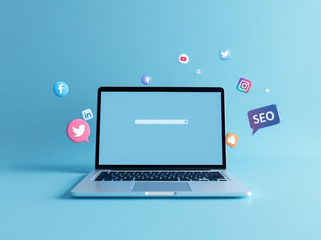 A photorealistic shot capturing a simple, unadorned laptop screen displaying a search engine results page with organic listings and social media icons floating around it, symbolizing the integration of SEO and social media