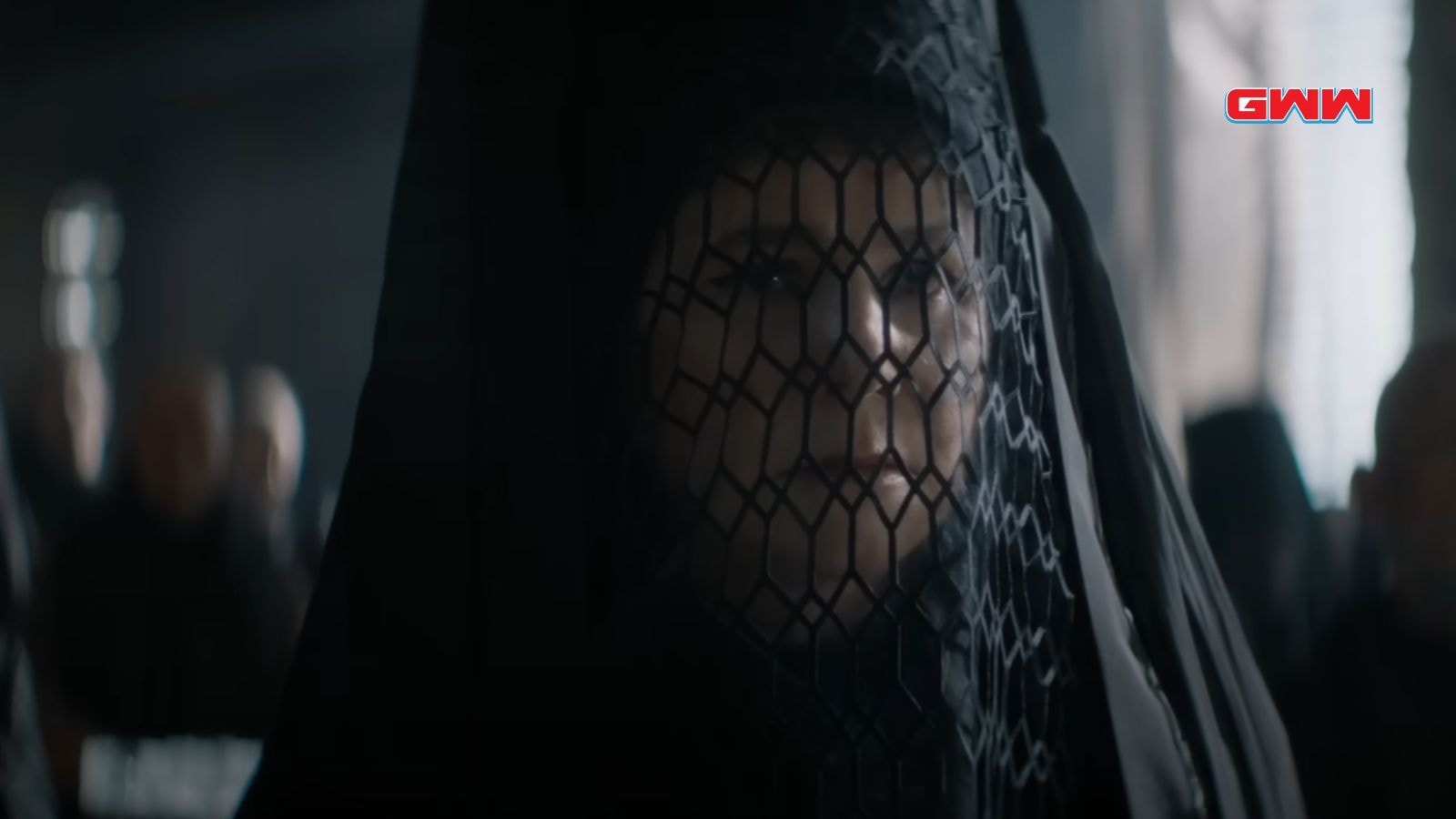 Valya Harkonnen in a veil with a mesh pattern, staring through the netting.