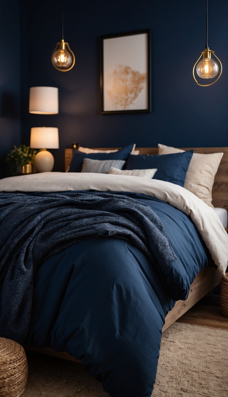 A cozy bedroom with a deep blue accent wall, complemented by warm lighting and minimalist decor