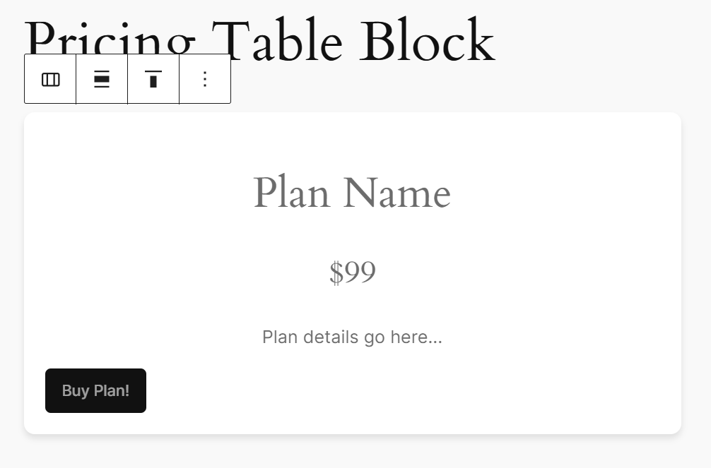 The custom pricing table block as it appears in the WordPress editor.