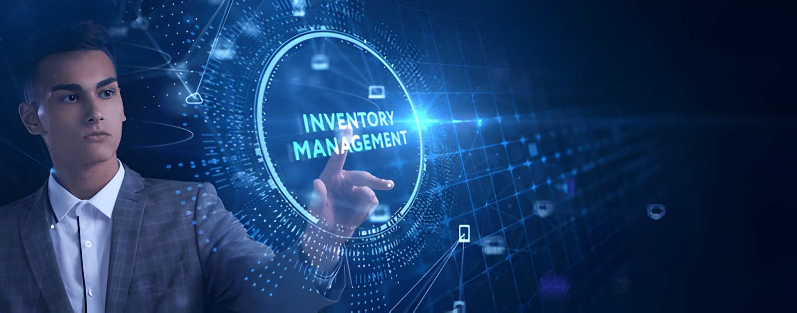 Business professional interacting with a digital interface labeled 'Inventory Management,' representing modern inventory control strategies