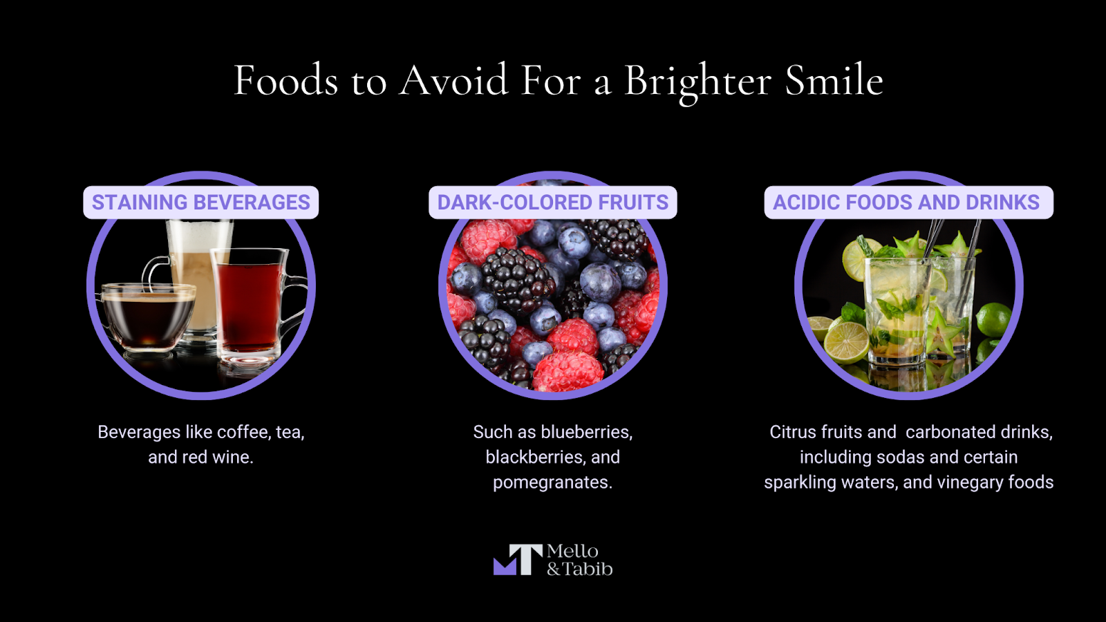 Diagram of foods and drinks to avoid for a bright smile