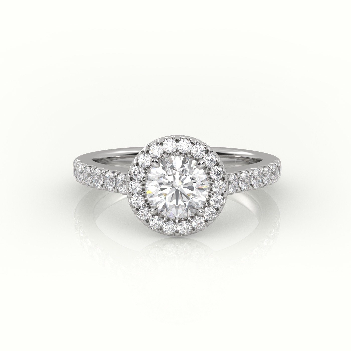 18K WHITE GOLD ROUND-CUT-DIAMOND 4 PRONGS HALO SCALLOP SETTING ENGAGEMENT RING