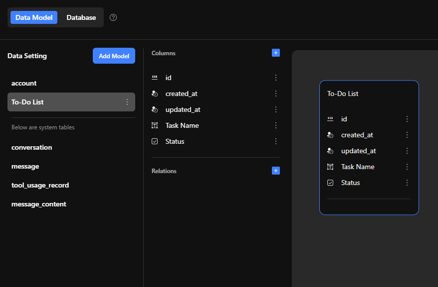 Momen features a visual data model editor to add, delete, or modify tables and fields.