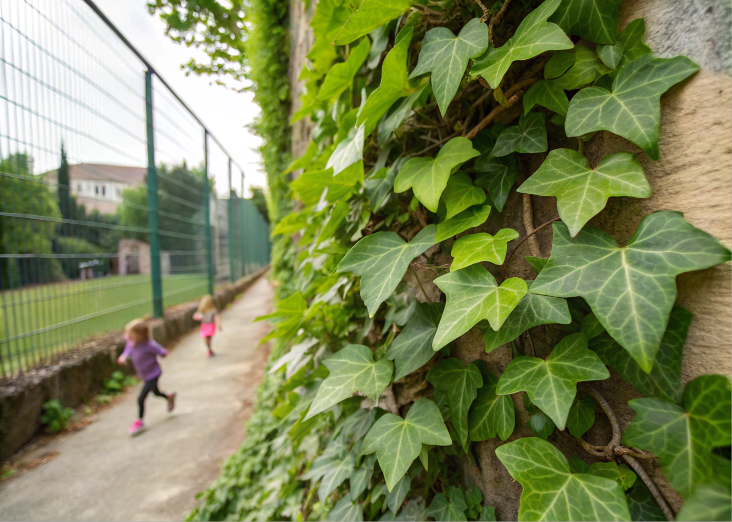 Hera inglesa coberta em muro de jardim, com crianças brincando ao fundo