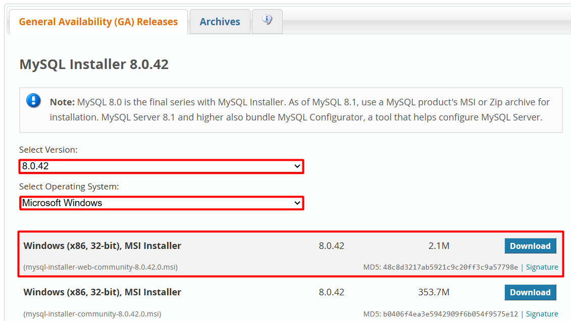 MySQL Installer download page
