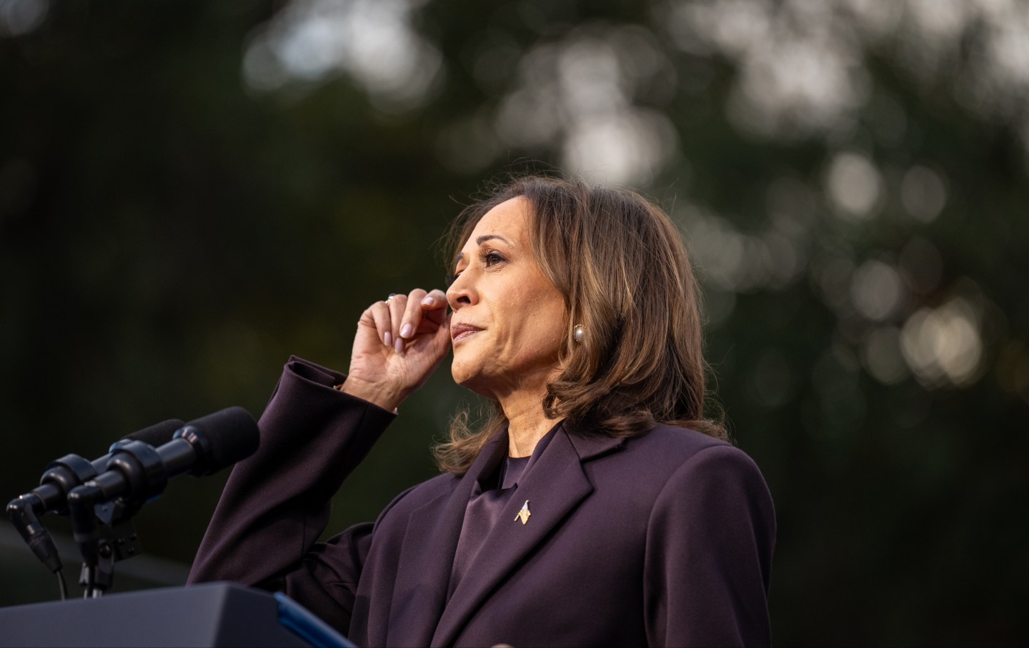 Kamala Harris pauses while speaking on stage as she concedes the election, at Howard University on November 06, 2024 in Washington, DC.