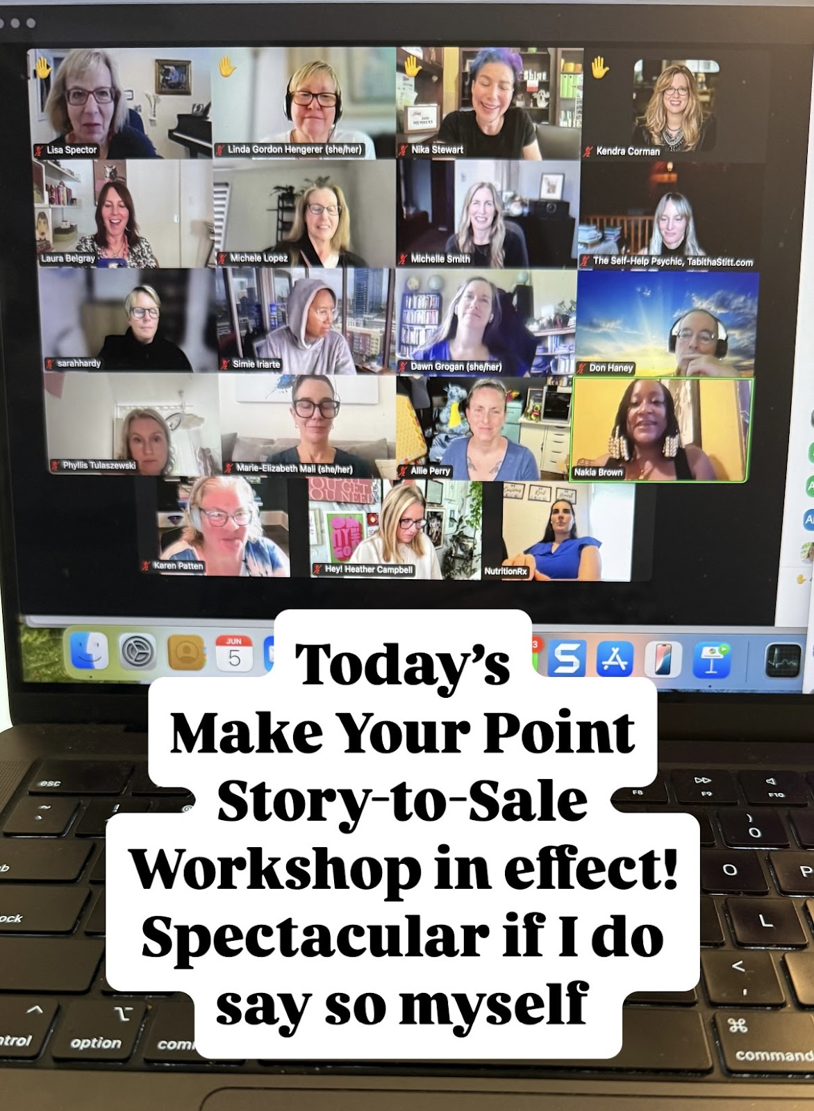 A screenshot of the Make Your Point: The Story-to-Sale Workshop call on a laptop screen showing 20 participants in a grid layout. Most participants have their cameras on, and a few have their hands raised using the Zoom reaction feature. Names and, in some cases, pronouns are displayed under each video feed. A text overlay in bold black font on a white background in the center of the image reads: “Today’s Make Your Point Story-to-Sale Workshop in effect! Spectacular if I do say so myself.” Below that, a white bar contains a clickable link reading: “🔗 Get the replay and the point finder tool.” The Zoom application is open on a macOS desktop with visible app icons and the keyboard partially showing at the bottom.