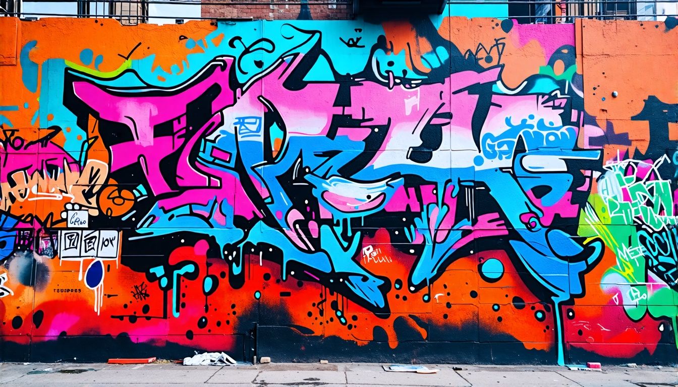 A vibrant urban mural featuring hip-hop streetwear brands' logos and bold designs.