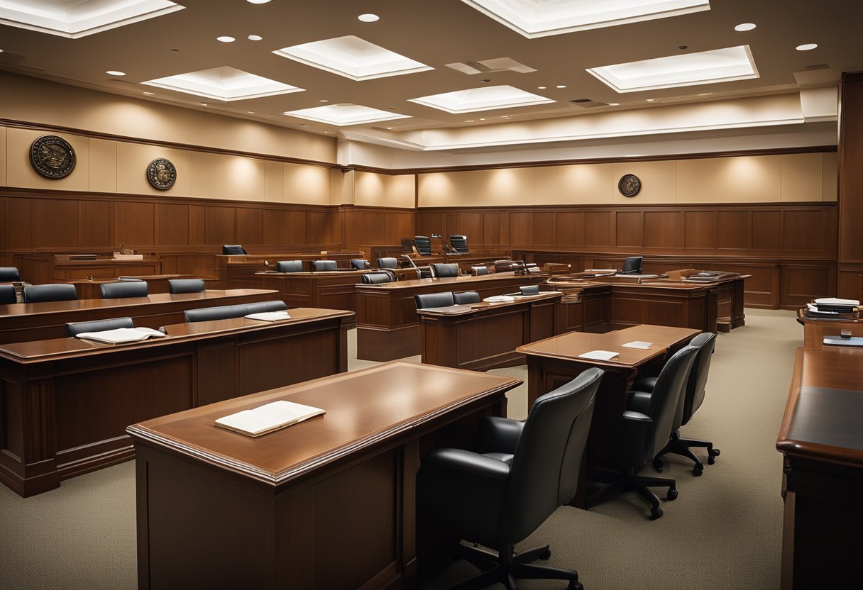 A courtroom with a judge's bench, lawyers' tables, and a witness stand, all surrounded by law books and legal documents