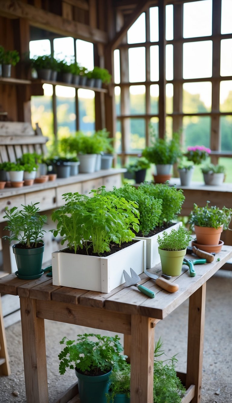 A rustic barnhouse with a collection of herb planter boxes arranged on a wooden table, surrounded by gardening tools and potted plants