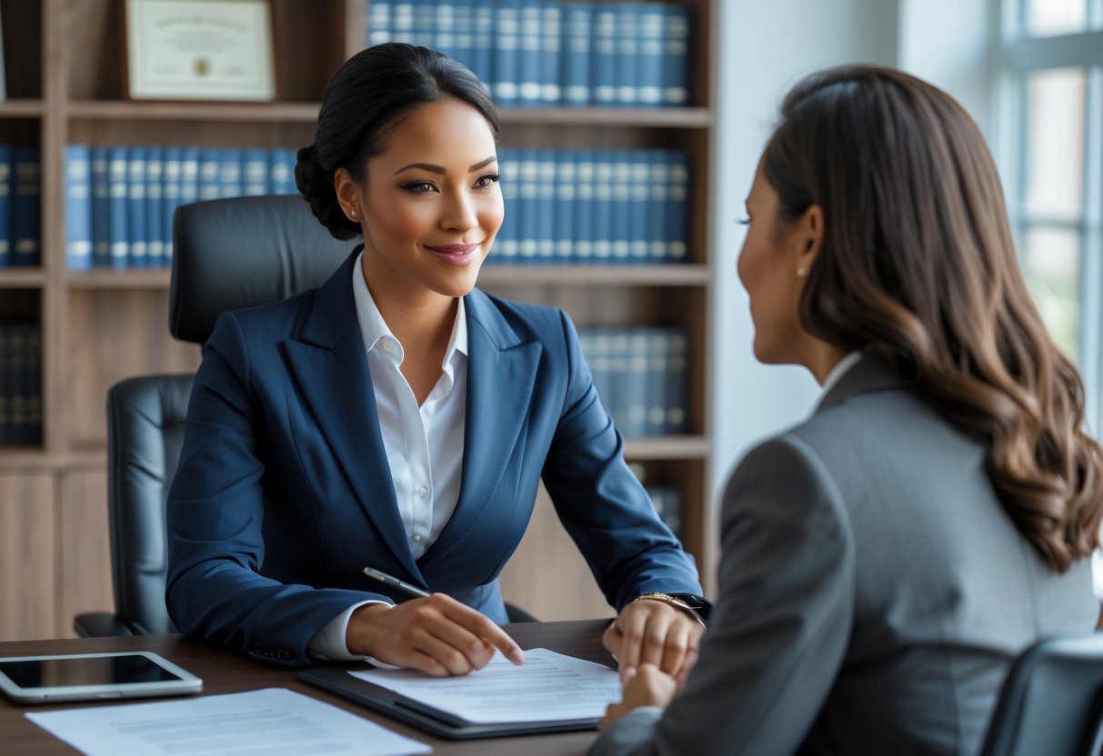 A divorce lawyer talking with a client in an office, surrounded by legal documents and books.