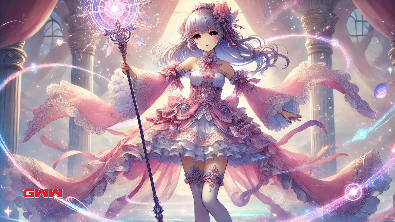 A full-body portrait of a magical girl from Magia Record standing in a dramatic pose as she casts a spell.