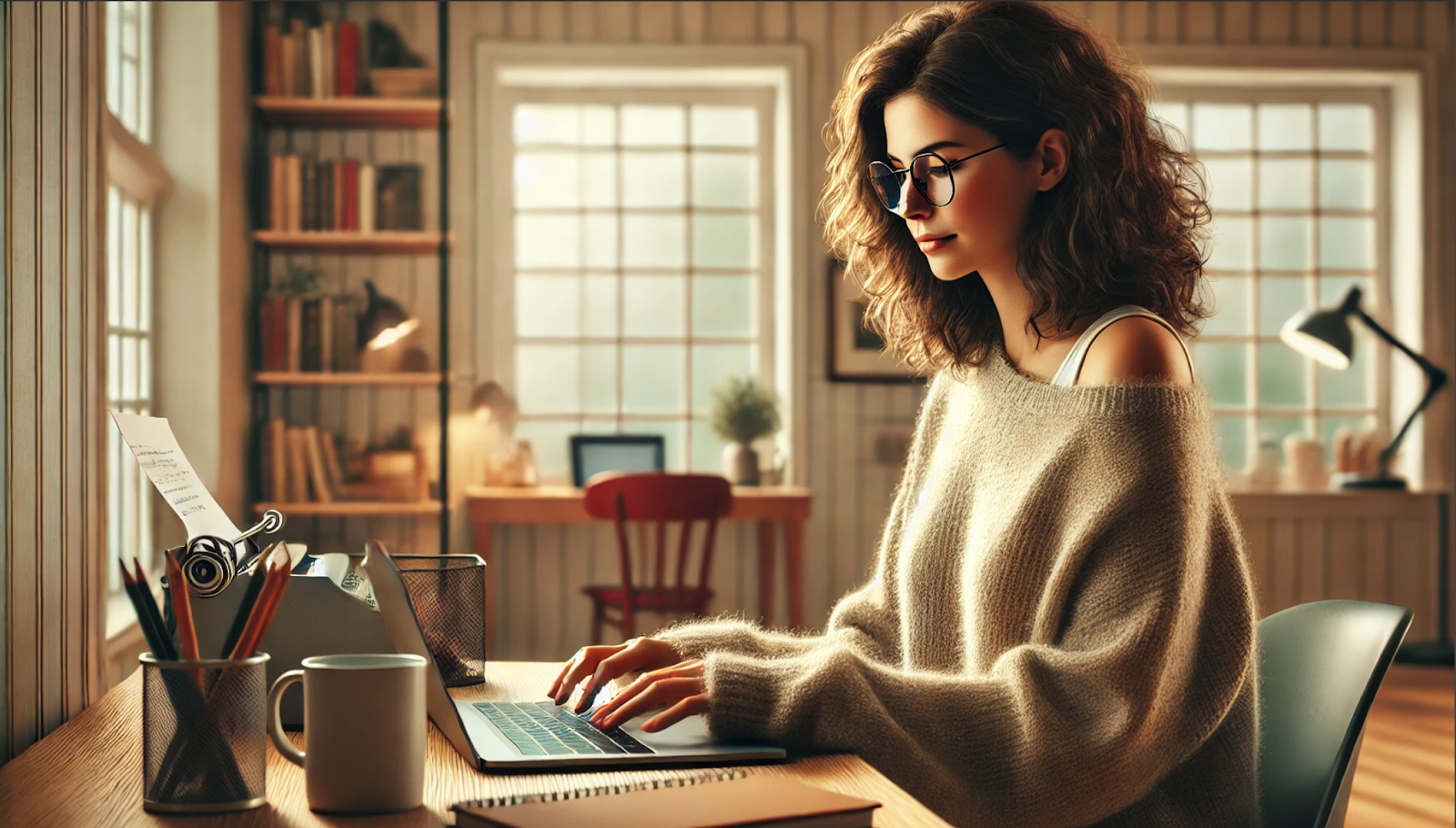 The image shows a young woman with curly hair wearing round glasses and a cozy, oversized sweater. She is seated at a wooden desk, typing on a laptop in a warmly lit home office environment. The office is richly decorated with bookshelves filled with books, a typewriter, and various office supplies. A cup of coffee sits next to the laptop, and through the window, a serene residential scene is visible, suggesting a quiet, comfortable workspace ideal for writing or studying.