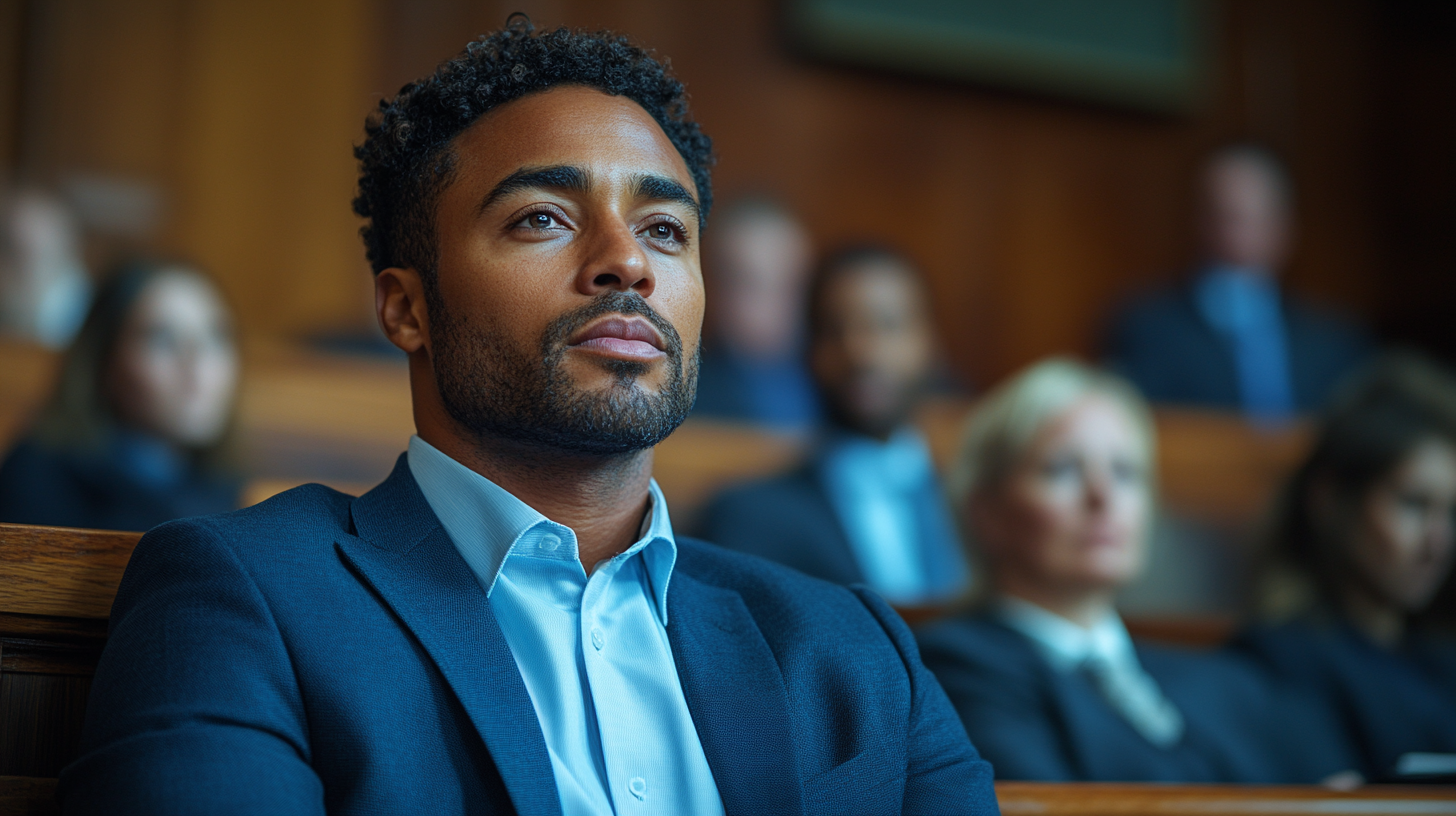 A man sitting in a courtroom jury box, wearing a navy blue suit, a crisp light blue dress shirt, and no tie. His expression is neutral and focused, showing attentiveness to the proceedings. The background features other jurors in formal attire, a judge’s bench, and wooden courtroom elements. The setting is serious and respectful, with natural lighting casting a professional ambiance. Ultra-realistic, cinematic lighting, 4K resolution