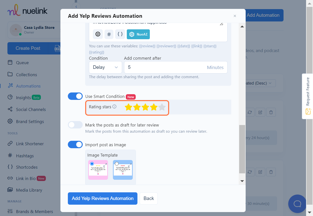 Click on Add Yelp Reviews Automation…