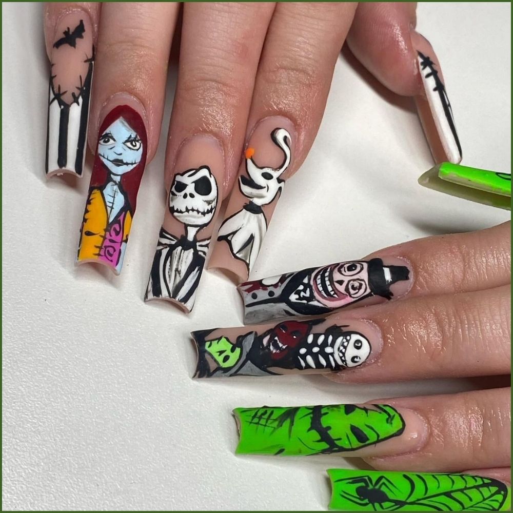 Close up of nails with spooky nails having Nightmare Before Christmas Nail Art