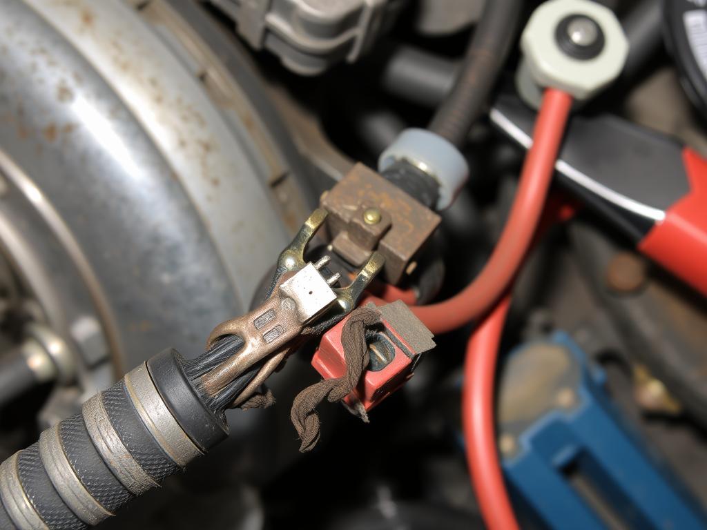 Damaged wiring harness for crankshaft position sensor showing repair points