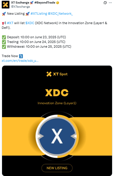 XDC Network Listing On XT, जानें विड्राल कब से शुरू होंगे 
