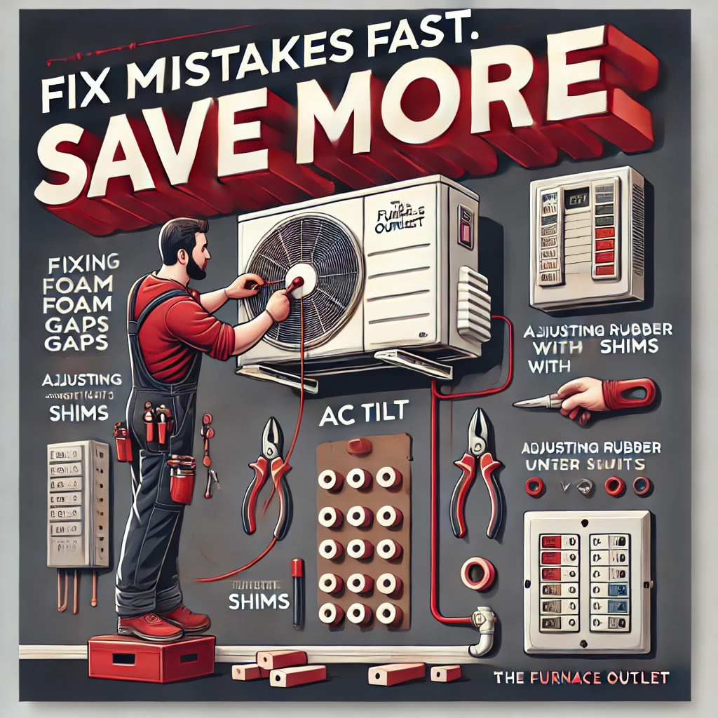 HVAC tech inserting rubber spacers under wall AC unit to reduce vibration while sealing frame gaps, featuring “Fix Mistakes Fast. Save More.” and The Furnace Outlet logo.