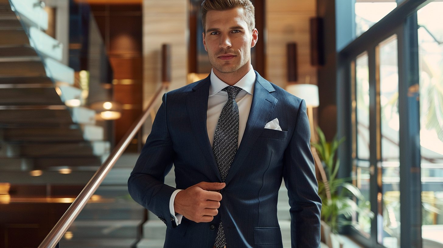 Man wearing a classic two-piece suit with matching jacket and trousers, in navy or charcoal, paired with a white dress shirt and tie, standing confidently in a business or wedding setting, clean and timeless look