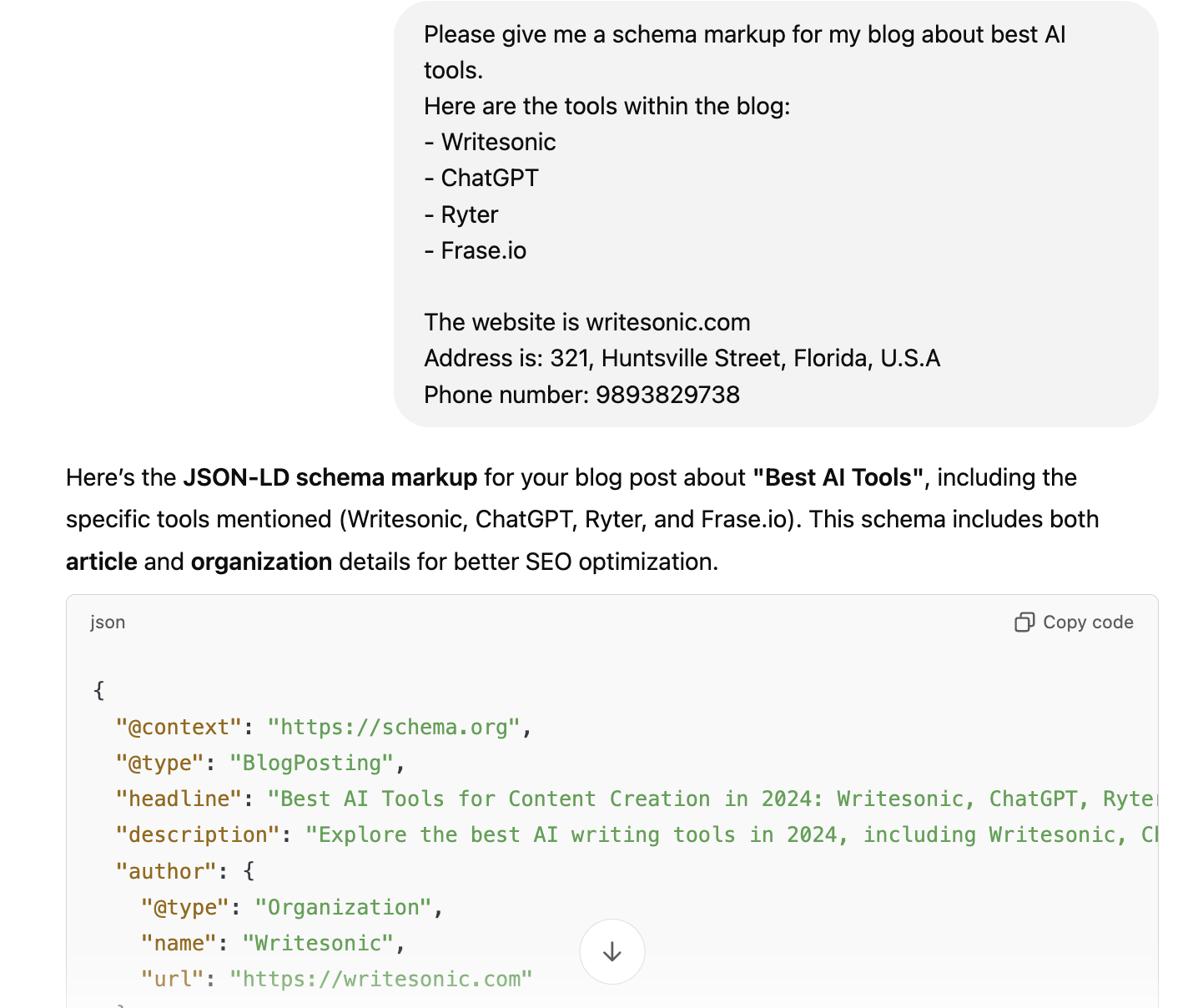 ChatGPT for SEO - Creating schema markup