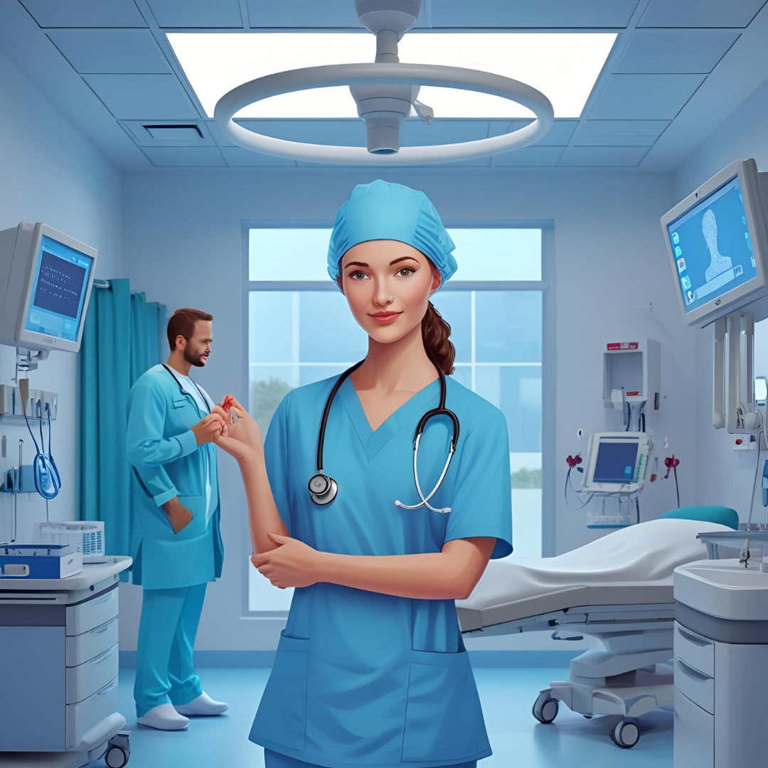 A female doctor and a male doctor behind her standing in a hospital room