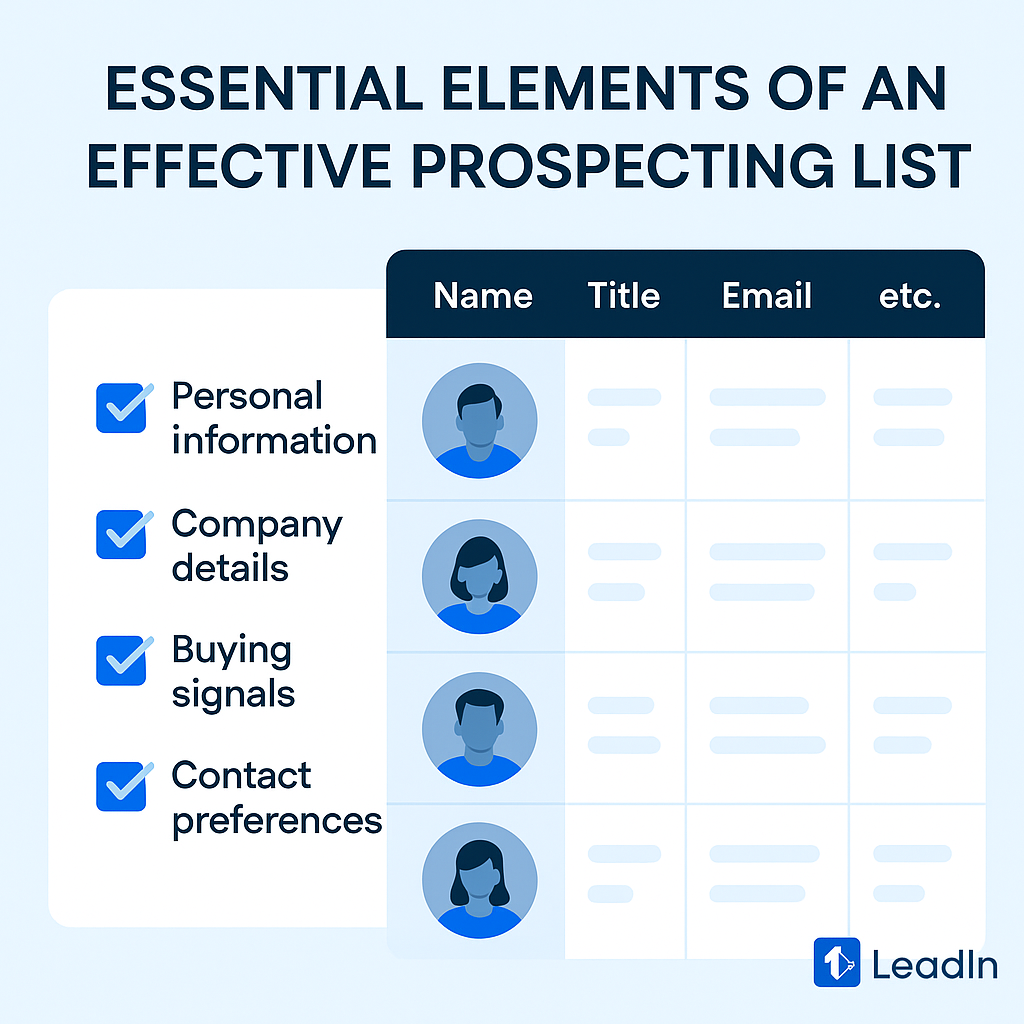 Prospecting list with personal details, company, buying signals, contact preferences.
