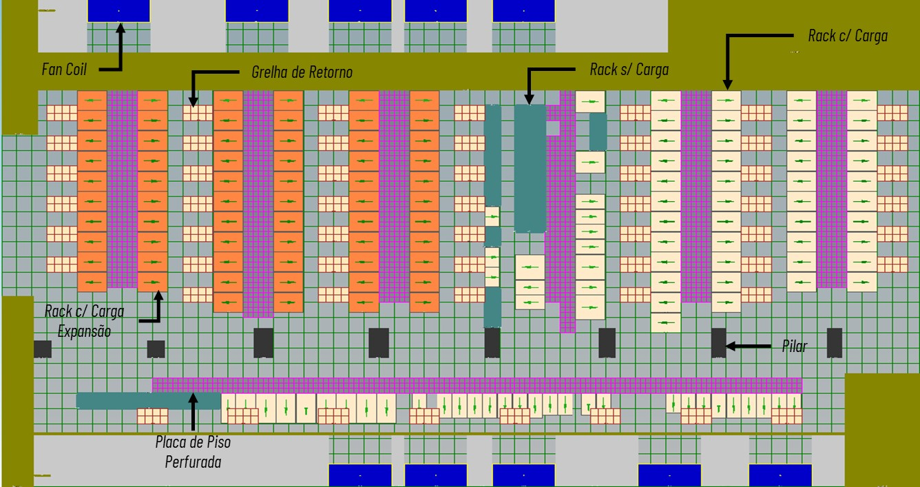 Estudo de caso CFD para Data Center com piso elevado: Layout Data Hall em Condição inicial