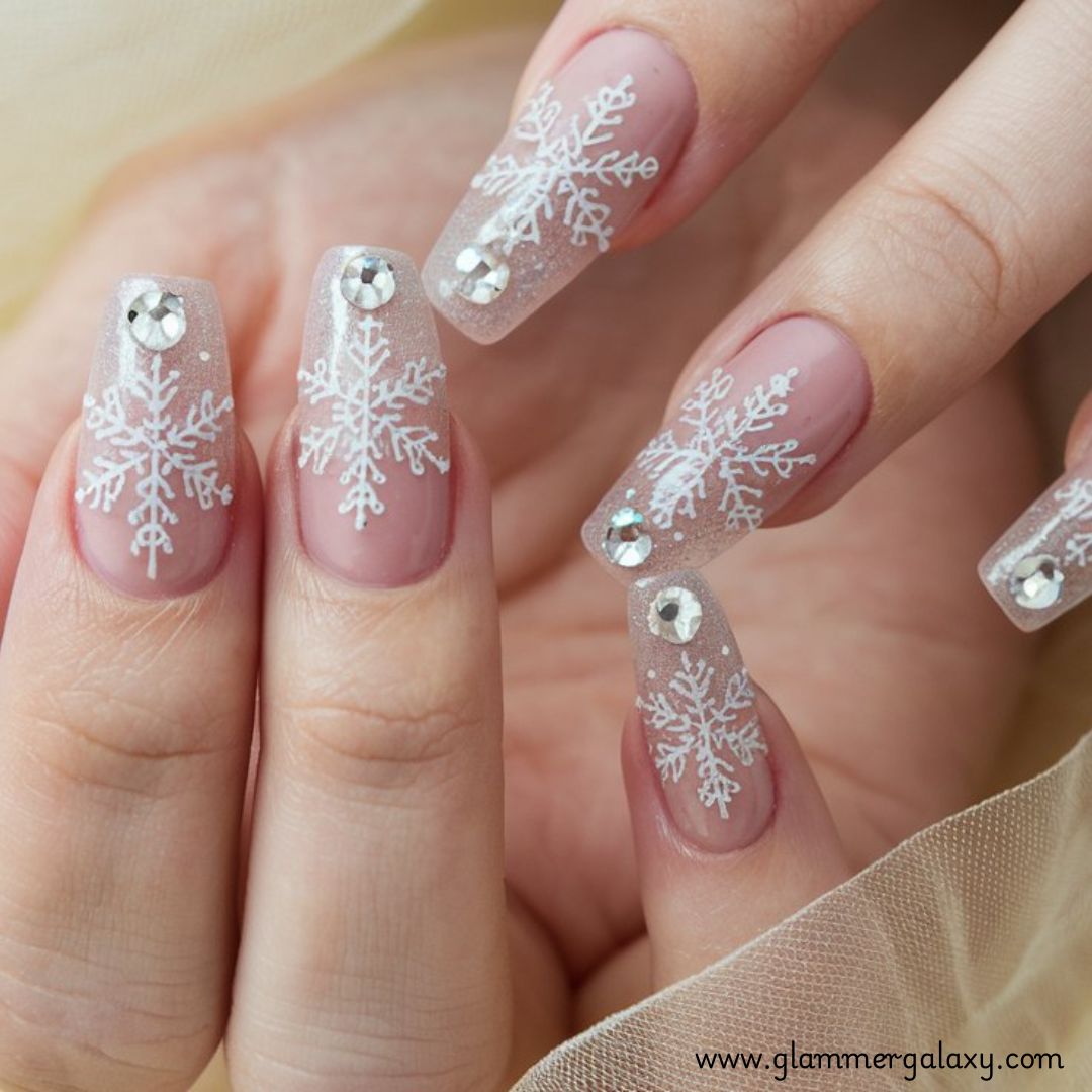 Snowflake Nails having Long Nails with Sparkling Snowflakes
