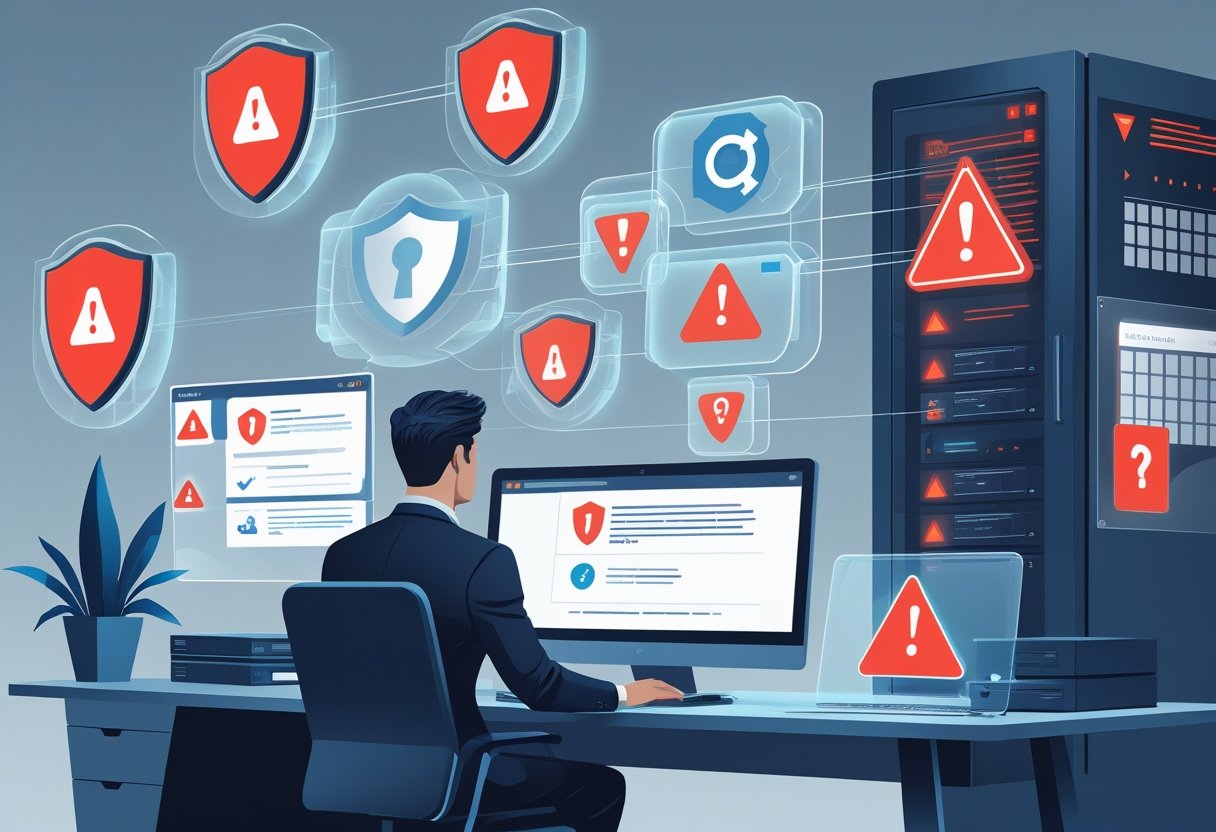 A business professional at a desk surrounded by digital warning icons and holographic screens indicating cyberattack threats in an office setting.