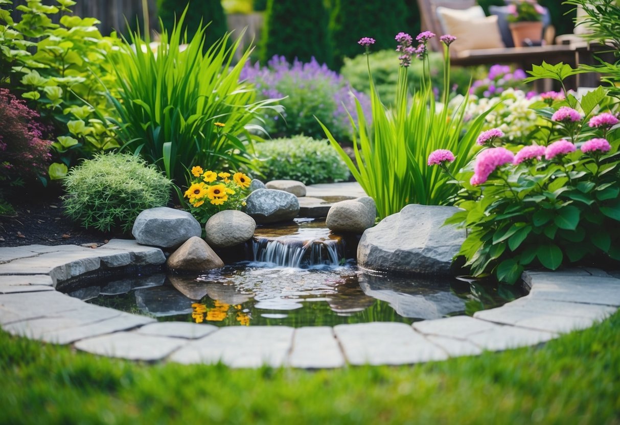 A tranquil backyard scene with a small pond, rocks, and flowing water surrounded by lush greenery and flowers