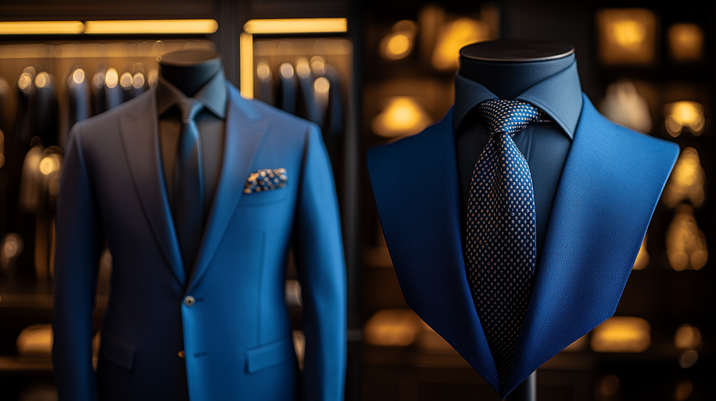 On the left side a mannequin, dressed in a royal blue suit with a black tie. On the right side, a mannequin bust displaying only the black tie. The background is minimalistic and elegant, with soft lighting emphasizing the fabric details and luxurious appeal.