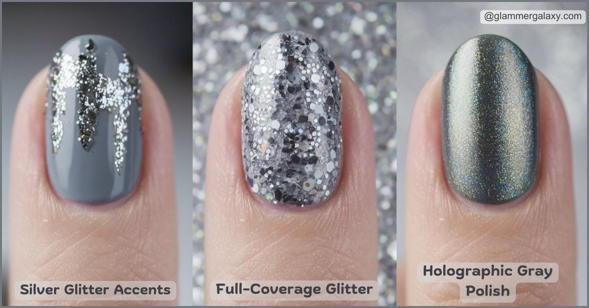 Three nails with different gray glitter polish styles against a blurred background.