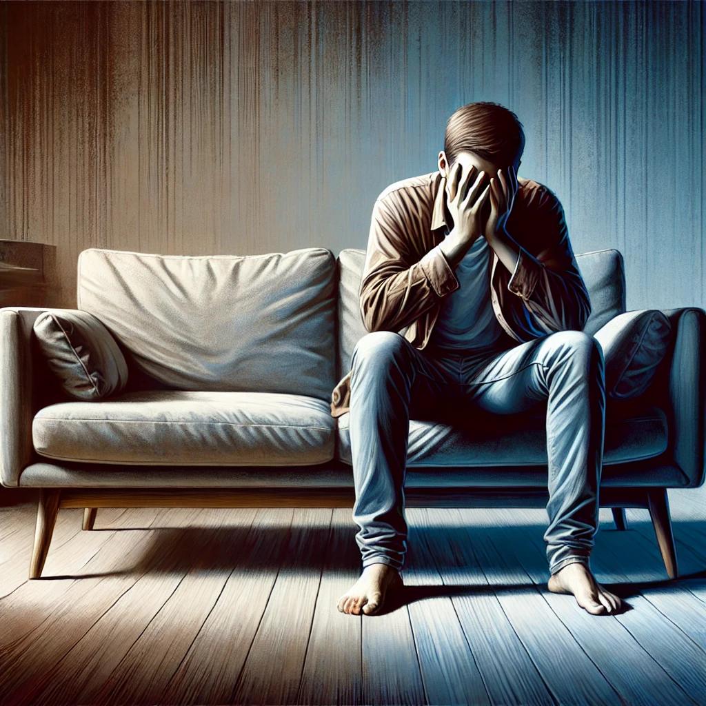 An illustration of a person sitting on a couch with their face in their hands.