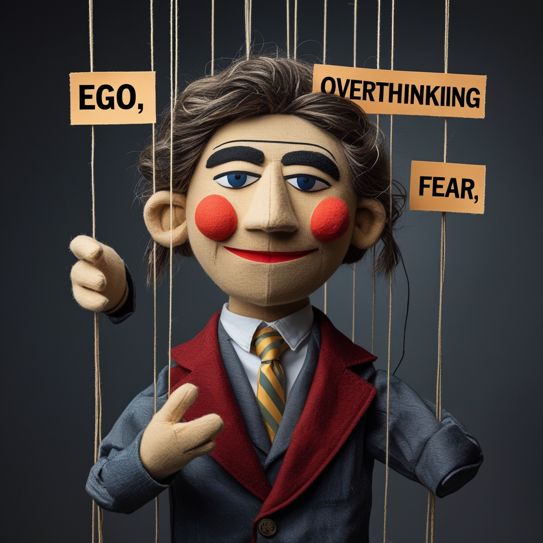 A puppet controlled by strings labeled "Ego," "Fear," and "Overthinking" – Showing how ego manipulates thinking.