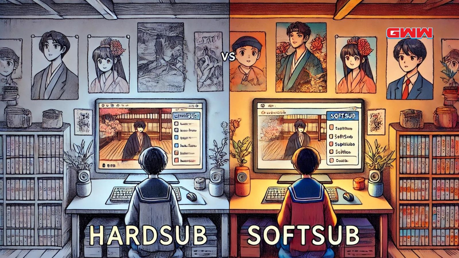  A hand-drawn anime-style image that visually contrasts the difference between hardsub and softsub