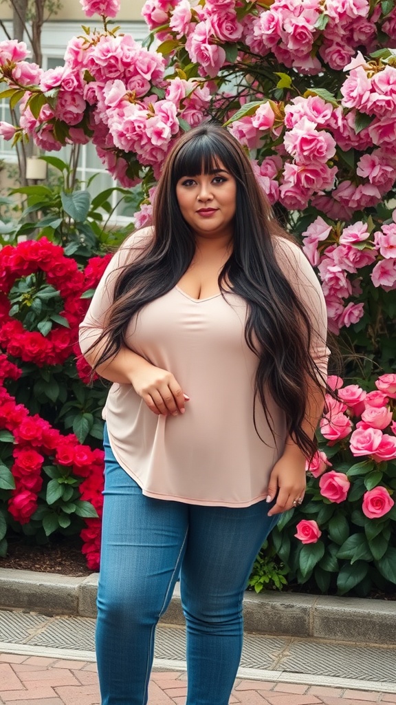 A plus size woman with long hair and feathered bangs standing among pink flowers.