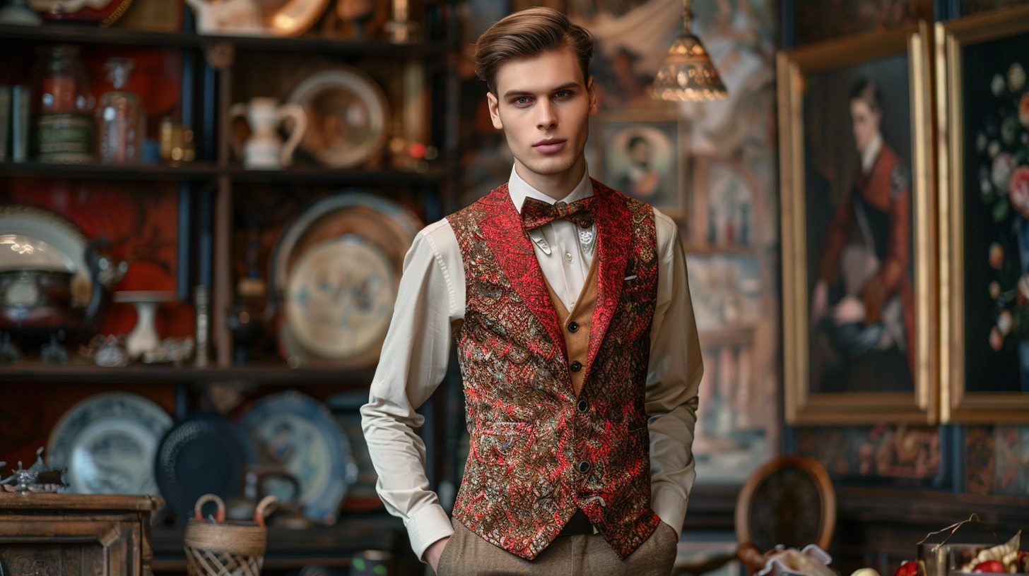 A stylish man wearing a patterned or textured red vest--paisley or jacquard design--styled with neutral pants and accessories. Creative, festive vibe, artistic background or indoor event setting, bold fashion-forward tone