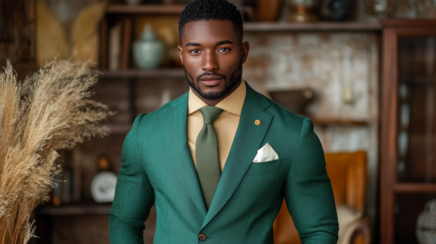 
Men's tailored suit in bold kelly green, perfectly complementing darker skin tones. The vibrant shade contrasts strikingly with deep skin, making a bold fashion statement. Styled with a crisp black dress shirt and a sleek jade green tie for a layered green aesthetic. Accessories include a simple pocket square in ivory and polished brown leather shoes for balance. The suit features a modern slim fit with sharp lapels. Background showcases a well-lit, elegant indoor setting with a contemporary vibe, enhancing the boldness and sophistication of the green suit