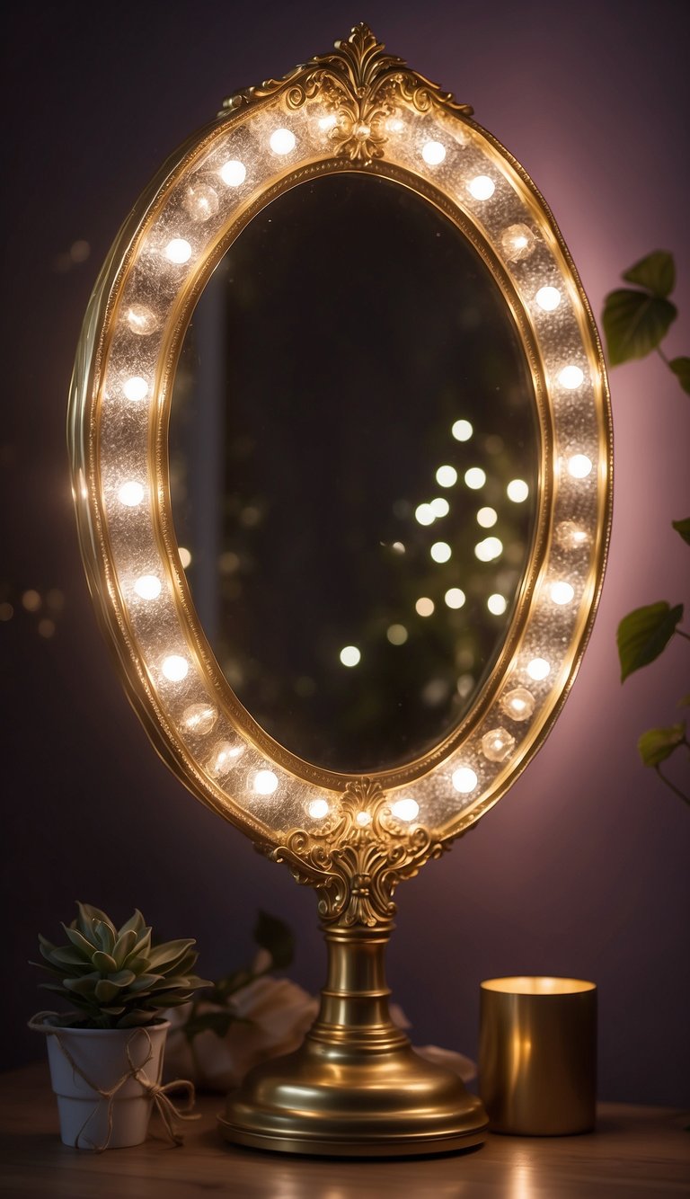 A magic mirror with glowing lights hangs on the wall in a princess-themed bedroom, surrounded by dreamy decor and twinkling fairy lights