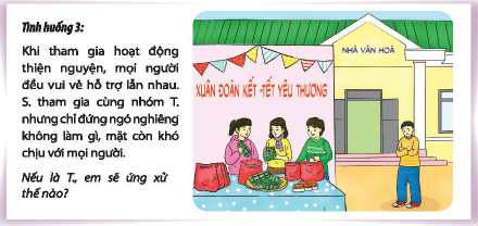 CHỦ ĐỀ 6. SỐNG HÒA HỢP TRONG CỘNG ĐỒNGTìm hiểu các hoạt động trong cộng đồng và những hành vi giao tiếp, ứng xử cần cóCâu 1: Kể tên các hoạt động trong cộng đồng mà em đã tham gia.Đáp án chuẩn:- Vệ sinh khu vực sống.- Sinh hoạt hè tại địa phương.- Tham gia lễ hội truyền thống.Câu 2: Chỉ ra những hành vi giao tiếp, ứng xử có văn hoá khi tham gia các hoạt động trng cộng đồng.Đáp án chuẩn:- Đúng giờ, tác phong nhanh nhẹn.- Mặc trang phục phù hợp với địa điểm và hoạt động.- Lễ phép với người lớn, thân thiện với trẻ nhỏ.- Không làm ồn ở nơi công cộng.- Tuân thủ các quy tắc chung tại nơi diễn ra hoạt động và nơi công cộng.Câu 3: Xác định các nguyên tắc khi tham gia hoạt động trong cộng đồng.Đáp án chuẩn:- Hiểu và tôn trọng văn hoá của cộng đồng.- Tuân thủ các quy định và tập quán của cộng đồng.- Thân thiện, cởi mở với mọi người.Câu 4: Chia sẻ về những cử chỉ, lời nói, thái độ em nhận được từ mọi người xung quanh khi em giao tiếp, ứng xử có văn hoá trong các hoạt động cộng đồng.Đáp án chuẩn:- Cử chỉ: tán dương, nhận được sự công nhận từ người khác.- Lời nói: khen ngợi, tuyên dương.- Thái độ: vui vẻ, thân thiện.Thực hiện những hành vi giao tiếp, ứng xử có văn hoá khi tham gia các hoạt động trong cộng đồngCâu 1: Thực hiện những hành vi sau khi tham gia các hoạt động cộng đồng:+ Nói, cười đủ nghe nơi công cộng.+ Xếp hàng trật tự nơi công cộng.+ Lựa chọn trang phục phù hợp nơi công cộng,+ Giữ gìn và bảo vệ cảnh quan nơi công cộng.+ Giúp đỡ và chia sẻ với mọi người.+ Lịch sự, vui vẻ trong giao tiếp.Đáp án chuẩn:HS tự thực hiện.Câu 2: Đóng vai thể hiện cách xử lí phù hợp trong các tình huống sau: Đáp án chuẩn:1. Nếu là N, em sẽ điều chỉnh âm nhạc để phù hợp vừa cho các bạn hát mà không làm phiền người nhà và hàng xóm.2. Nếu là B, em sẽ nhắc nhở người đó về việc xếp hàng đúng thứ tự và không chen ngang.3. Nếu là T, em sẽ khuyên S nhờ vào sự hỗ trợ của mọi người và cảnh báo nếu S không hợp tác thì có thể phải rời khỏi.4. Nếu là D và T, em sẽ yêu cầu G về nhà để thay đồ hoặc không cùng đi lễ chùa nữa.Câu 3: Chia sẻ cảm xúc của em khi đóng vai thể hiện hành vi giao tiếp, ứng xử có văn hóa trong các tình huống trên. Đáp án chuẩn:- Em cảm thấy cách giao tiếp và ứng xử có văn hóa rất quan trọng để duy trì sự vui vẻ, tích cực và lối sống văn minh trong cuộc sống.Thể hiện tôn trọng sự khác biệt trong cộng đồngCâu 1: Đưa ra cách ứng xử của em thể hiện tôn trọng và chấp nhận sự khác biệt trong các trường hợp sau: Đáp án chuẩn:1. Em sẽ yêu cầu bạn nói lại một lần nữa vì em chưa nghe rõ.2. Em sẽ yêu cầu mọi người ngừng bàn tán và lại gần để trò chuyện với người mặc trang phục lạ, để họ không cảm thấy bị phân biệt.Câu 2: Chia sẻ cảm nhận của em khi thực hiện tôn trọng sự khác biệt. Đáp án chuẩn:Cảm nhận của em khi tôn trọng sự khác biệt là vui vẻ và tự hào vì đã ứng xử một cách văn minh và lịch sự.Thể hiện sự không đồng tình với những hành vi, thái độ kì thị giới tính, dân tộc, địa vị xã hộiCâu 1: Xây dựng nội dung cho bài thuyết trình thể hiện sự không đồng tình với những hành vi, thái độ kì thị giới tính, dân tộc và địa vị xã hội. Đáp án chuẩn:Kì thị giới tính, dân tộc, địa vị xã hội hiện nay có biểu hiện như trọng nam khinh nữ, miệt thị đồng tính, chế nhạo người dân tộc thiểu số, và phân biệt xã hội giữa người giàu và người nghèo.Câu 2: Thuyết trình trước lớp thể hiện sự không đồng tình với những hành vi, thái độ kì thị giới tính, dân tộc và địa vị xã hội. Đáp án chuẩn:Phân biệt chủng tộc đã và đang là một thách thức lớn đối với nhân loại. Nguyên nhân của hiện tượng này xuất phát từ sự thiếu tôn trọng, đồng cảm và sẻ chia giữa con người với con người. Từ sự khinh bỉ của một số người da trắng đối với cộng đồng gốc Phi đến sự dè chừng của phương Tây đối với người Hồi giáo, chúng ta có thể thấy nguyên nhân này phổ biến khắp nơi. Hậu quả của phân biệt chủng tộc là rất khủng khiếp, ảnh hưởng đến cả an ninh và hòa bình trong các quốc gia, thậm chí ở Mỹ - một quốc gia nổi tiếng với nền dân chủ, vẫn còn những dấu hiệu của nó. Câu 3: Sử dụng bài thuyết trình để tuyên truyền, vận động mọi người thể hiện sự tôn trọng và chấp nhận sự khác biệt, tránh kì thị về giới tính, dân tộc và địa vị xã hội.Đáp án chuẩn:HS tự thực hiện.Giới thiệu truyền thống tự hào của địa phươngCâu 1: Lựa chọn và tạo sản phẩm giới thiệu về truyền thống tự hào của địa phương em. Đáp án chuẩn:Câu 2: Dùng sản phẩm đã tạo để giới thiệu về những truyền thống tự hào của địa phương em trước thầy cô và các bạn. Đáp án chuẩn:Học sinh tự thực hiện.Câu 3: Chia sẻ cảm xúc và bài học em rút ra sau khi tham gia và vận động mọi người cùng tham gia các hoạt động đó. Đáp án chuẩn:+ Vui vẻ, hạnh phúc khi giúp đỡ mọi người.+ Mong muốn tham gia và chia sẻ nhiều hơn.+ Yêu thích hoạt động thiện nguyện.Giới thiệu truyền thống tự hào của địa phươngCâu 1:  Lựa chọn và tạo sản phẩm giới thiệu về truyền thống tự hào của địa phương em.Đáp án chuẩn:Truyền thống ở địa phương em là tương thân tương ái, một giá trị đáng tự hào của dân tộc ta. Trong đời sống xã hội, với những biến động thất thường của cuộc sống, lòng tương thân tương ái giúp xây dựng sự đoàn kết và hỗ trợ trong xã hội. Đây là phẩm chất nhân ái cần thiết để xây dựng một xã hội bình đẳng, thân ái và hòa bình. Tinh thần này đã giúp dân tộc vượt qua nhiều thử thách, bảo vệ độc lập và sự sống còn của đất nước trong suốt lịch sử. Câu 2: Dùng sản phẩm đã tạo để giới thiệu về những truyền thống tự hào của địa phương em trước thầy cô và các bạn.Đáp án chuẩn:HS tự thực hiện.Thực hiện nếp sống văn minh và tham gia các hoạt động thiện nguyện tại nơi cư trú 