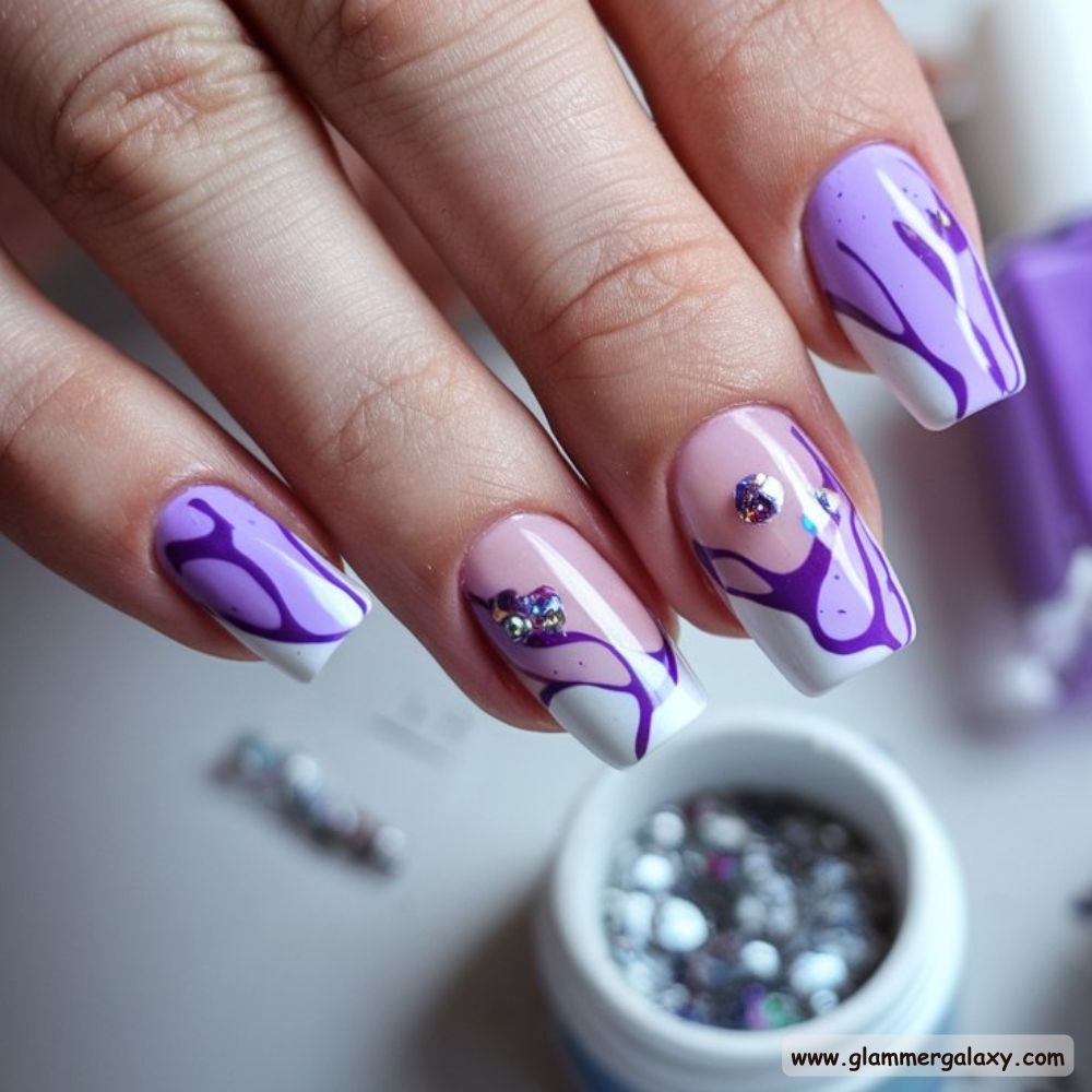 Purple Fall Nails having Artistic Abstract French Tips
