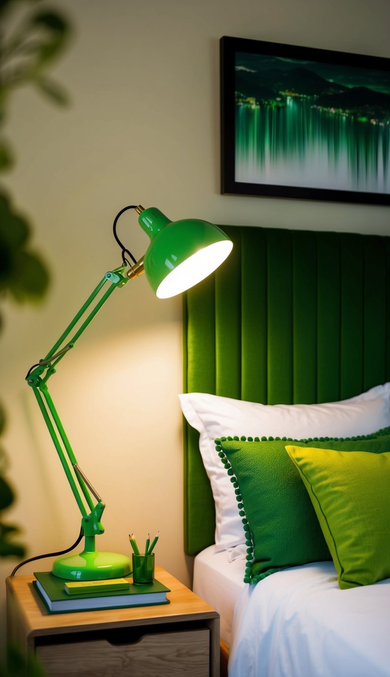 A chartreuse green desk lamp illuminates a cozy bedroom with 23 green decor elements