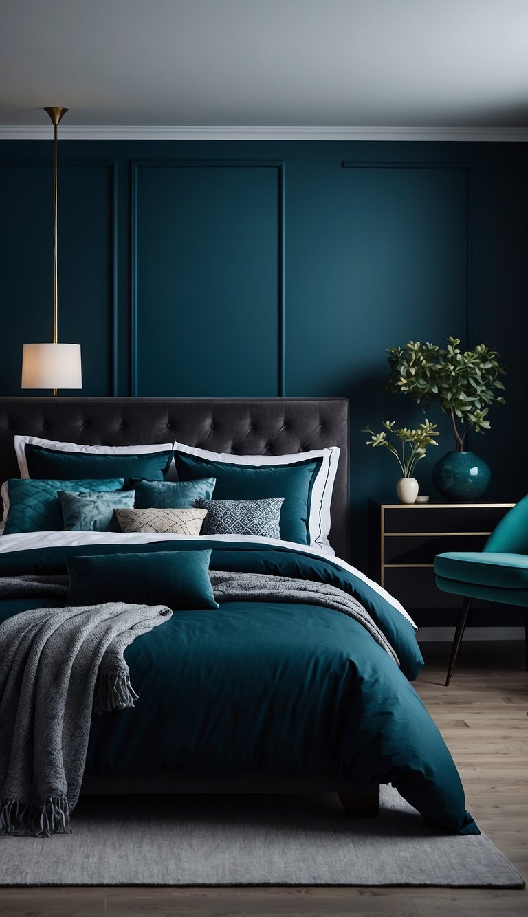 A dark blue bedroom with teal accents, featuring artwork 23 in teal and blue colors