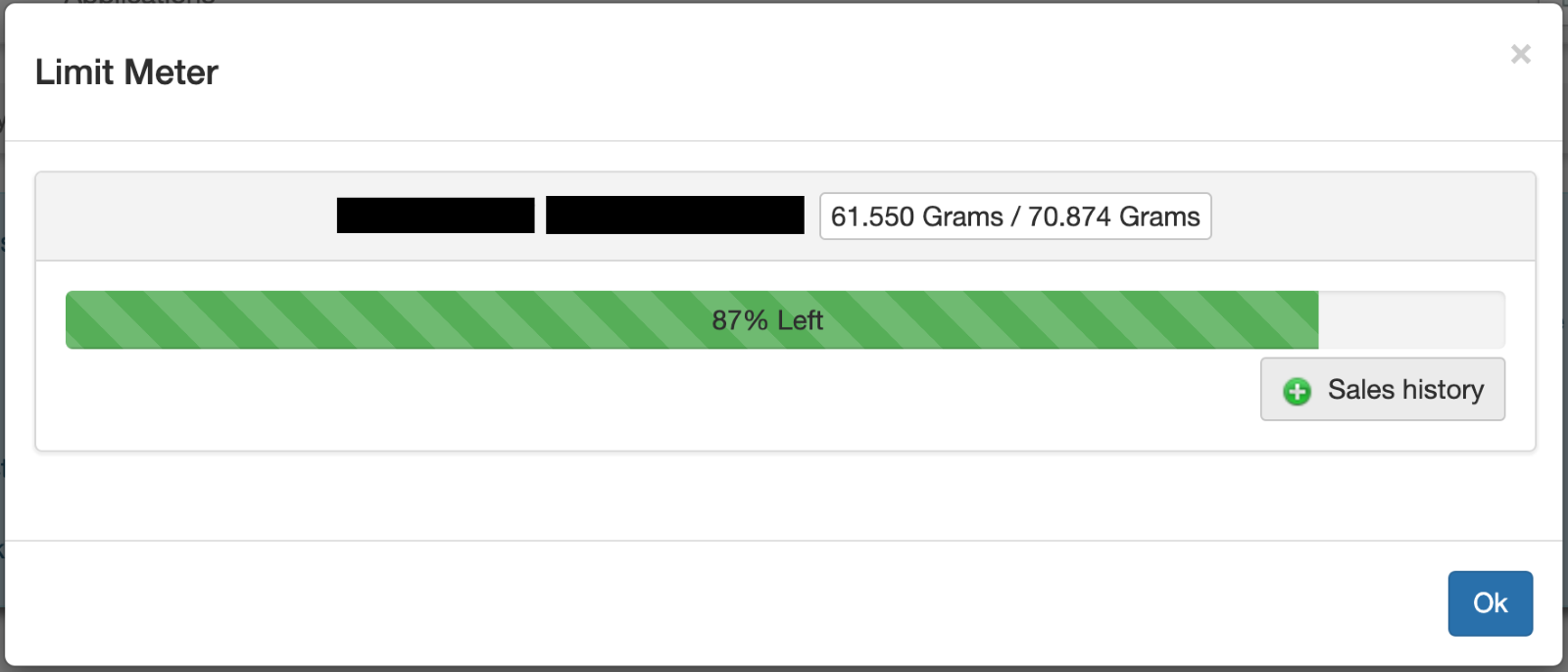 Limit Meter pop-up window showing the patient's remaining cannabis allotment. A green progress bar indicates 87% of the allotment is left, with 61.550 grams available out of 70.874 grams total. A 'Sales history' button is visible.