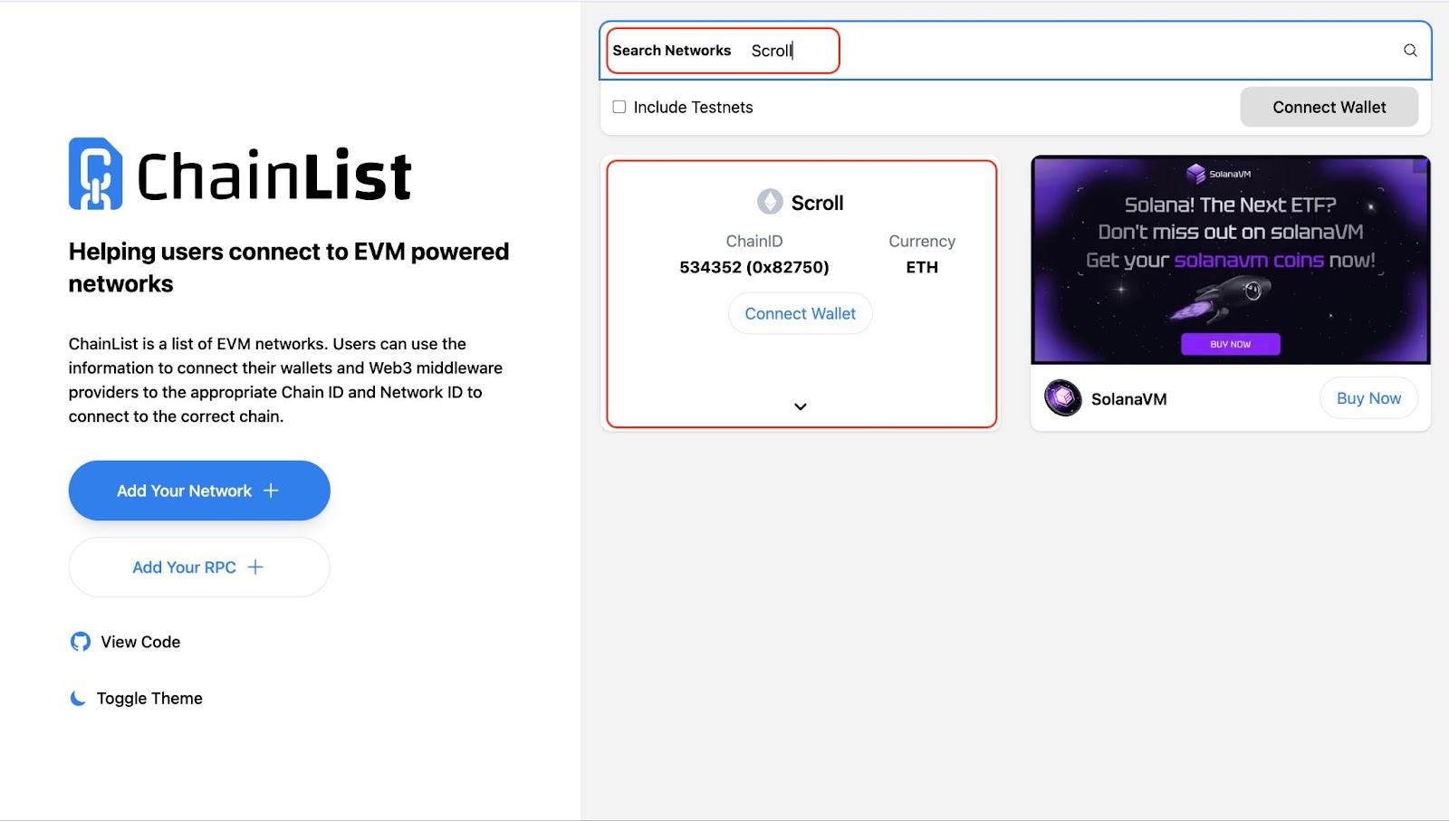 Adding Scroll to MetaMask via ChainList