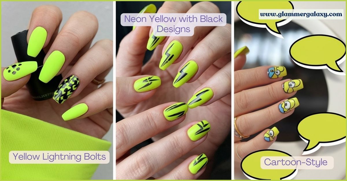 Neon yellow nail art with black designs, including lightning bolts and cartoon-style faces.