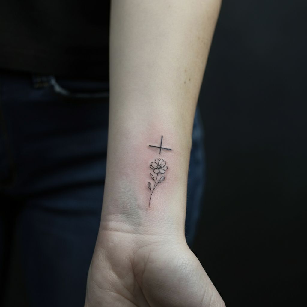 Cross with Flowers Tattoo on forearm